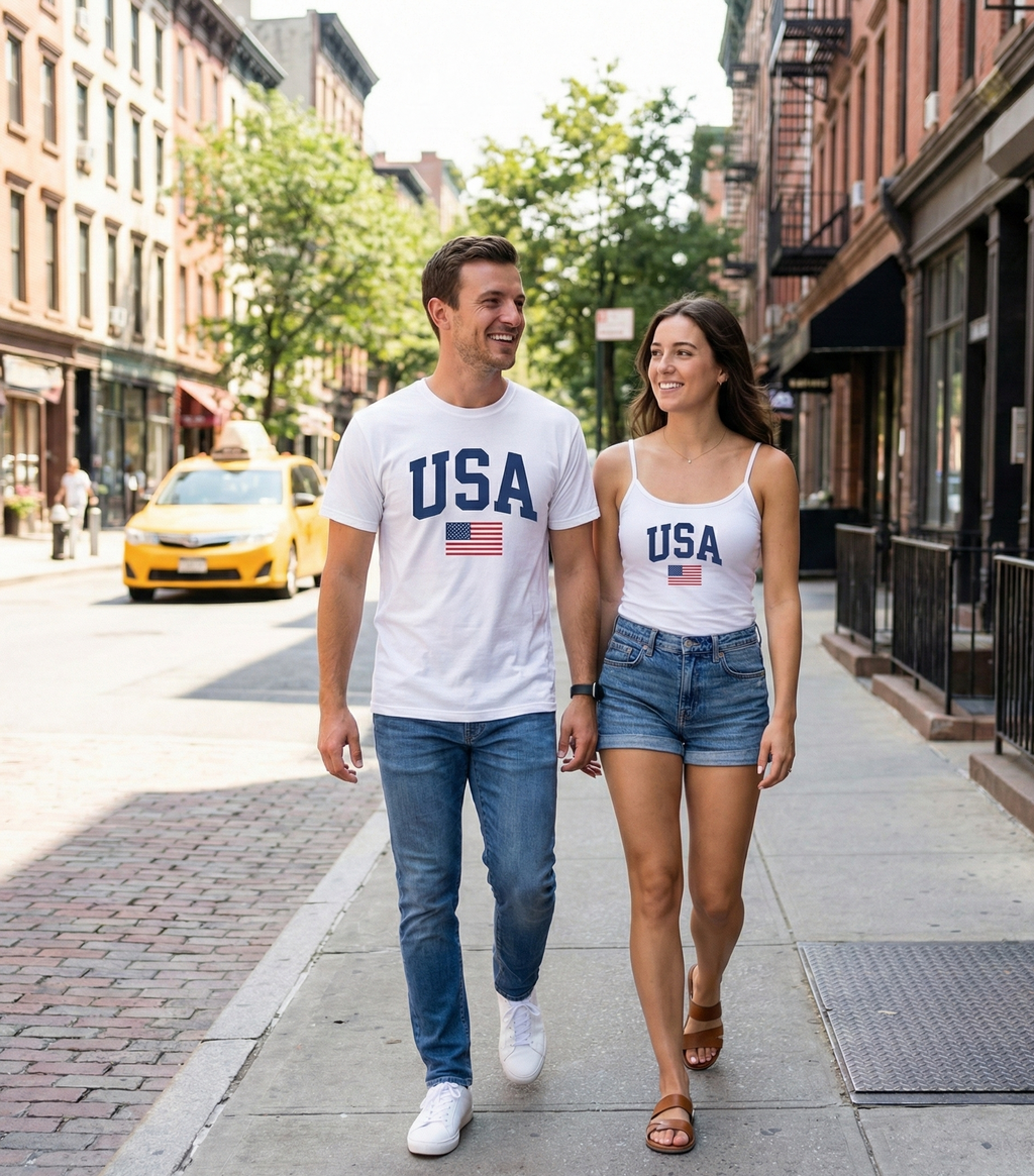 Two people walking on a city street wearing 'USA' t-shirts.