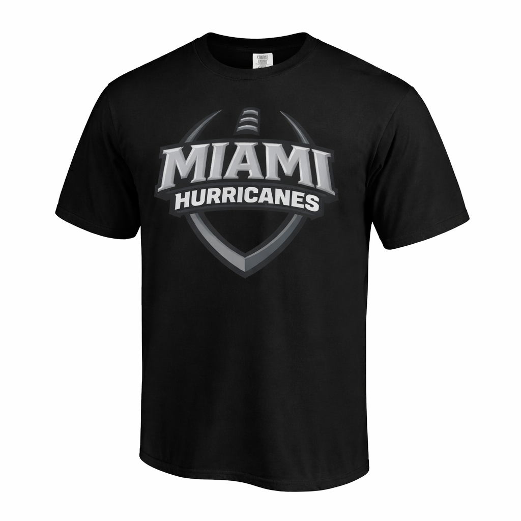 Black t-shirt with 'Miami Hurricanes' logo on a white background