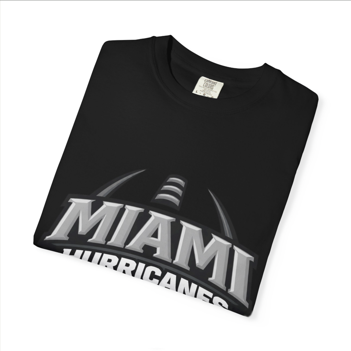 Black t-shirt with 'Miami Hurricanes' text and logo on a white background
