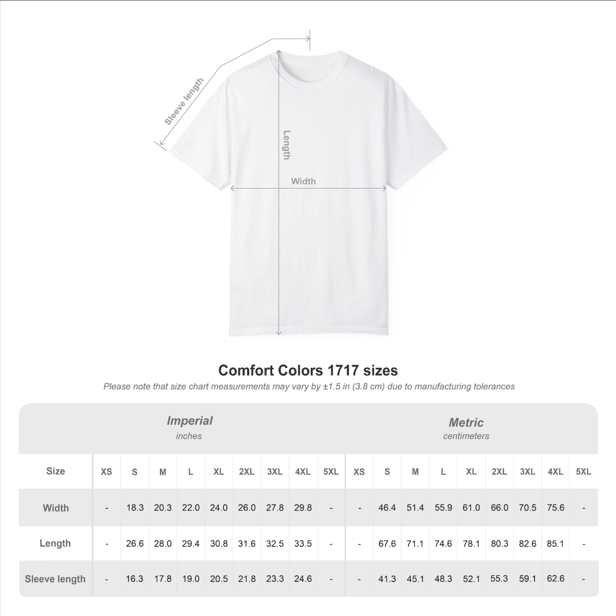 White t-shirt with size chart measurements on a white background