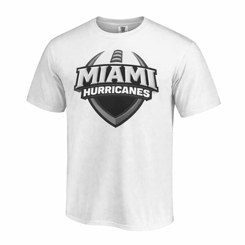 White t-shirt with Miami Hurricanes logo on a white background