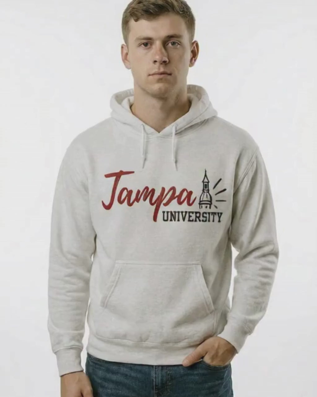 Tampa University Hoodie  Front — Script Campus Logo Fleece Pullover