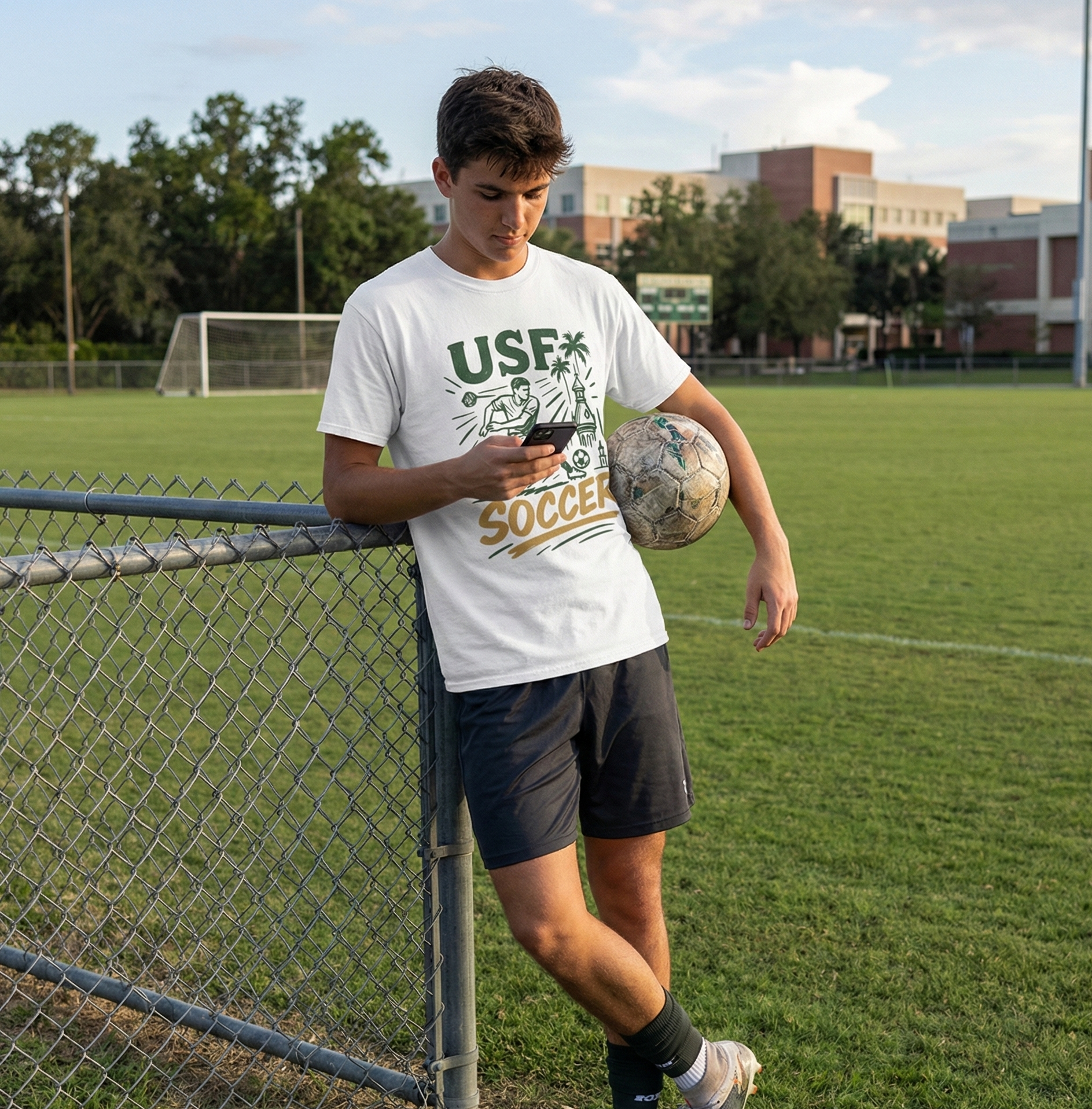 Person wearing a USF Soccer t-shirt on a soccer field