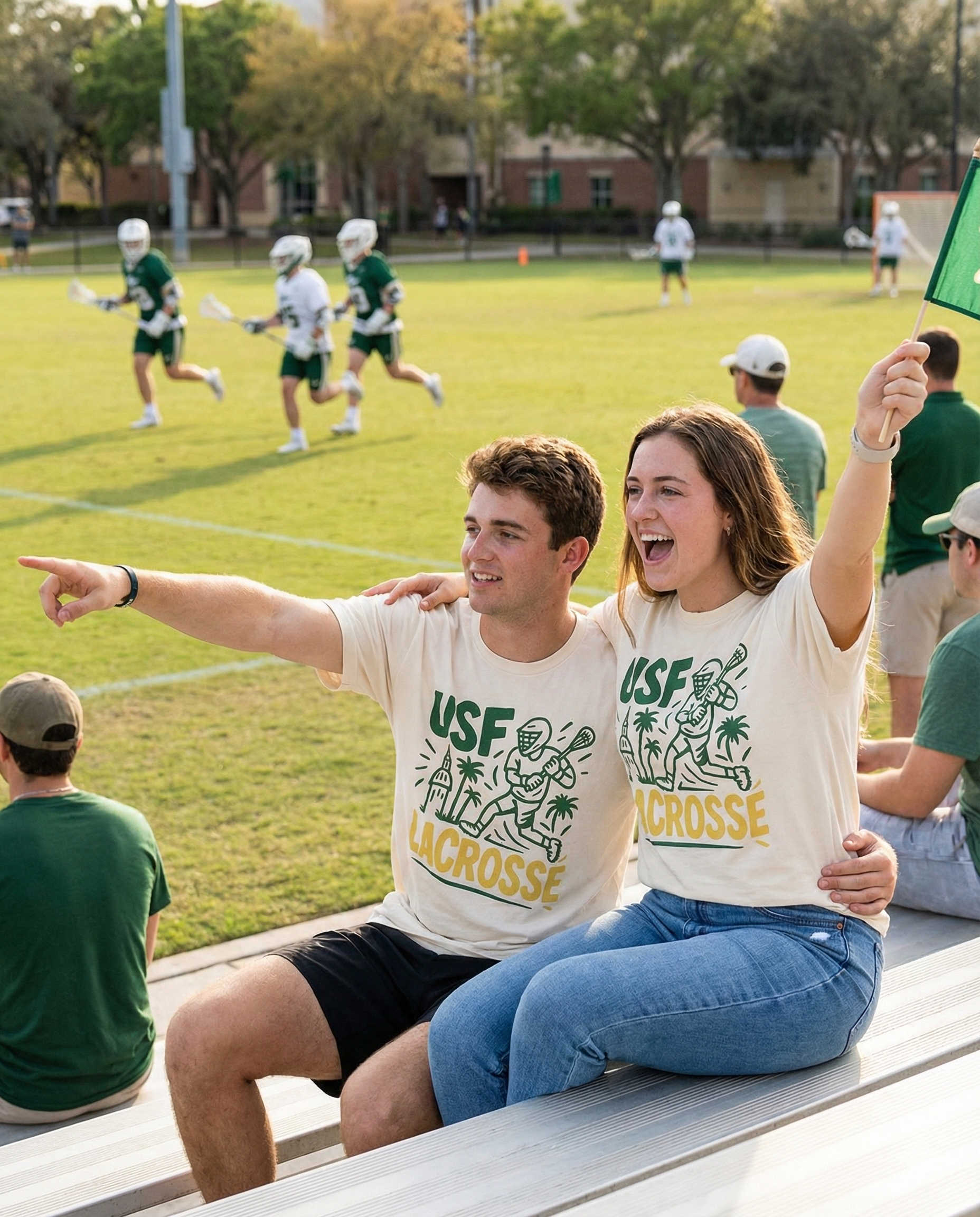 Two people wearing USF Lacrosse shirts sitting on bleachers with a lacrosse game in the background.
