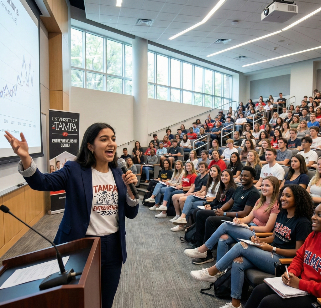 Woman giving a lecture in a large classroom with students listening attentively.