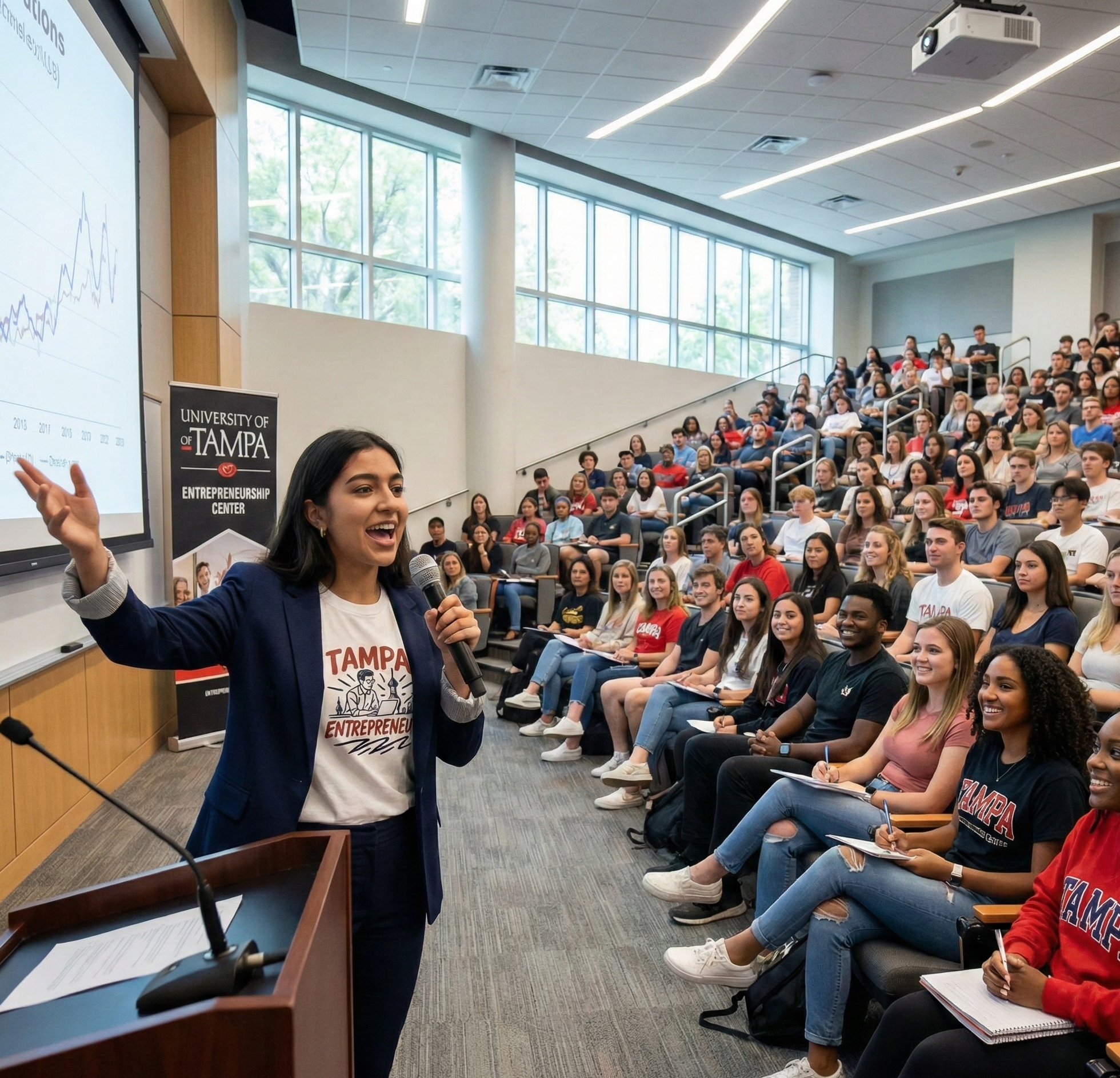 Woman giving a lecture in a large classroom with students listening attentively.