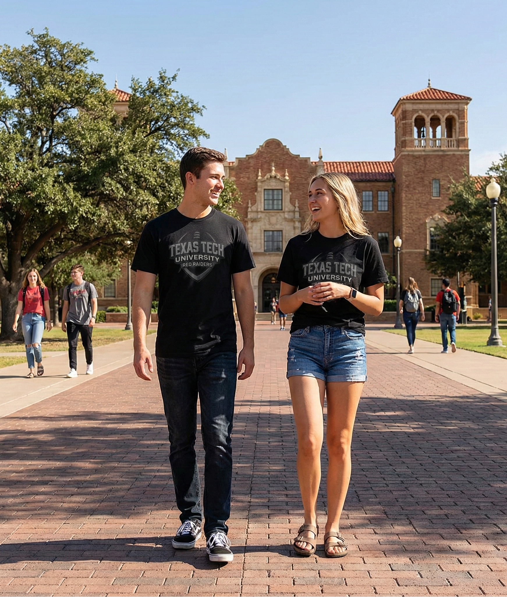 Two students walking on a campus path with a building in the background