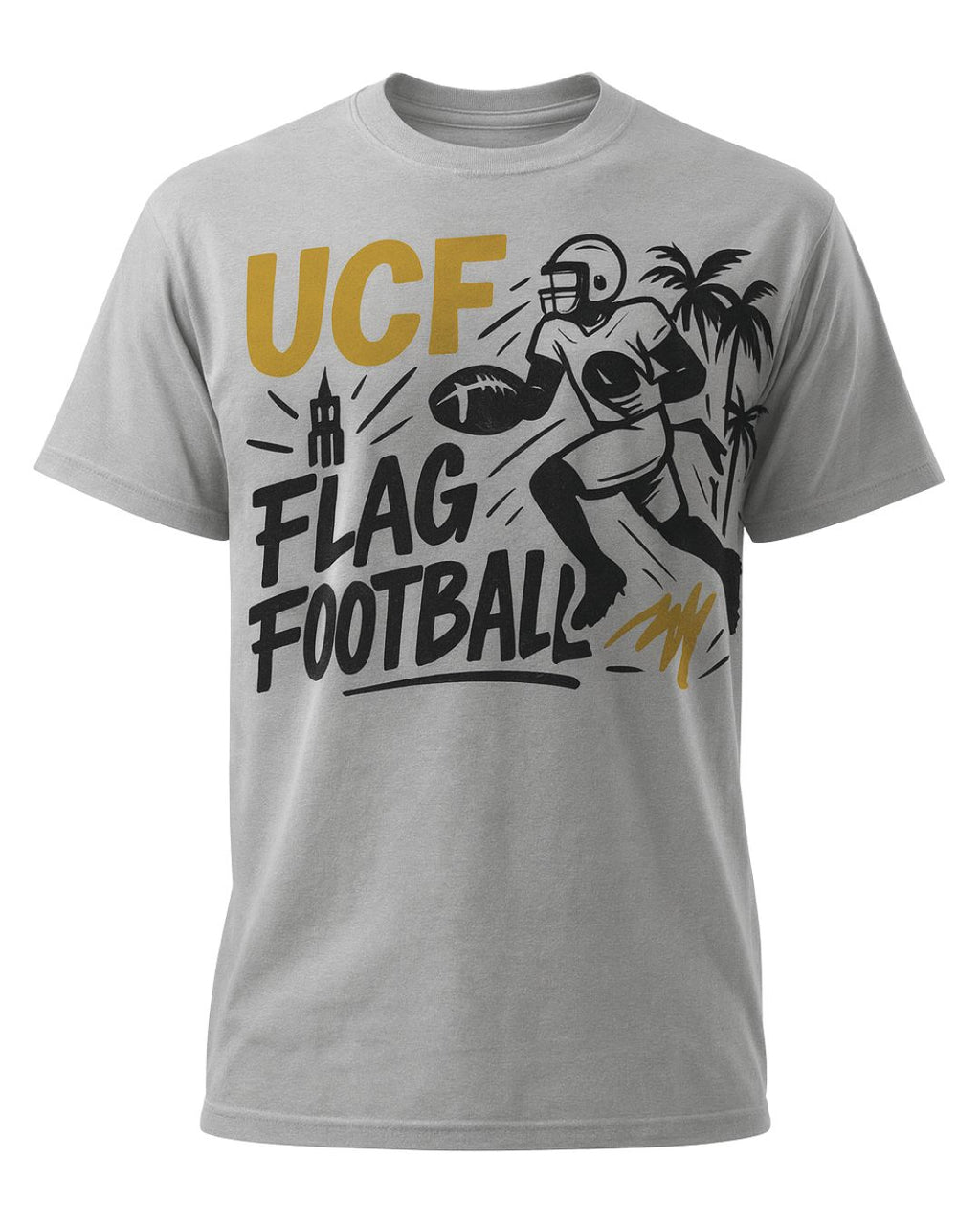 Gray t-shirt with UCF Flag Football design on a white background