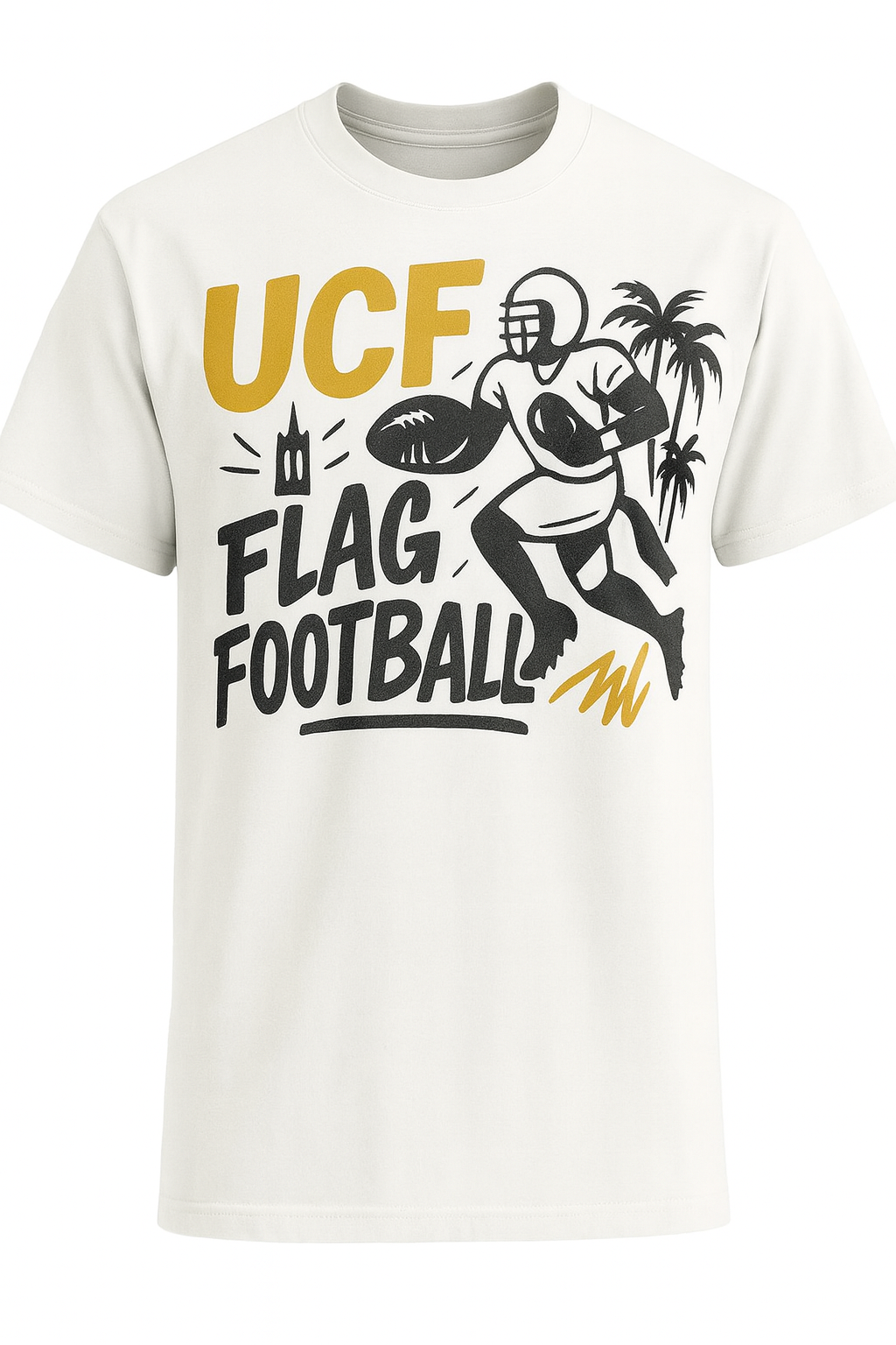 White t-shirt with UCF Flag Football graphic on a white background