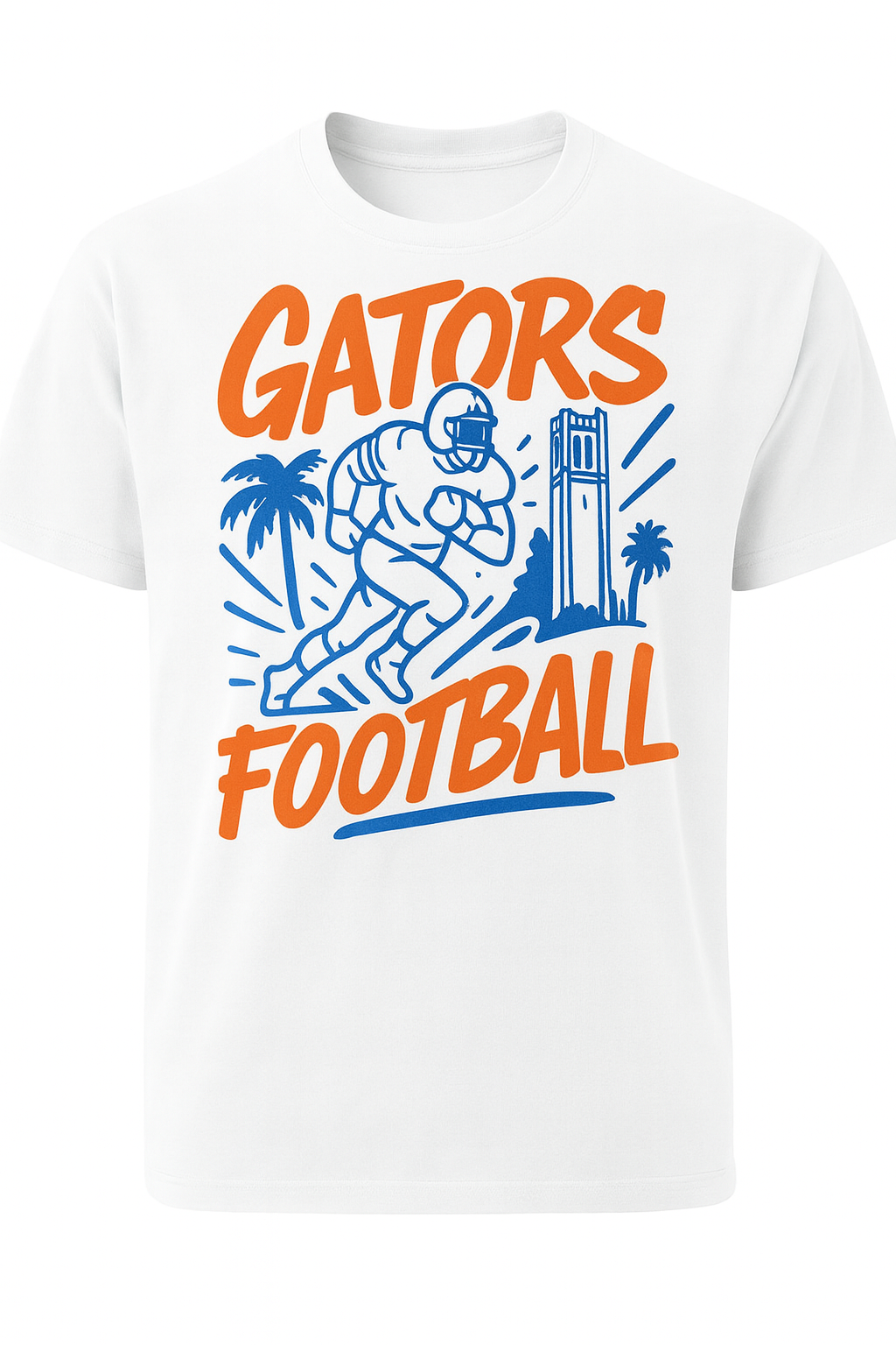 White t-shirt with 'Gators Football' graphic design on a white background