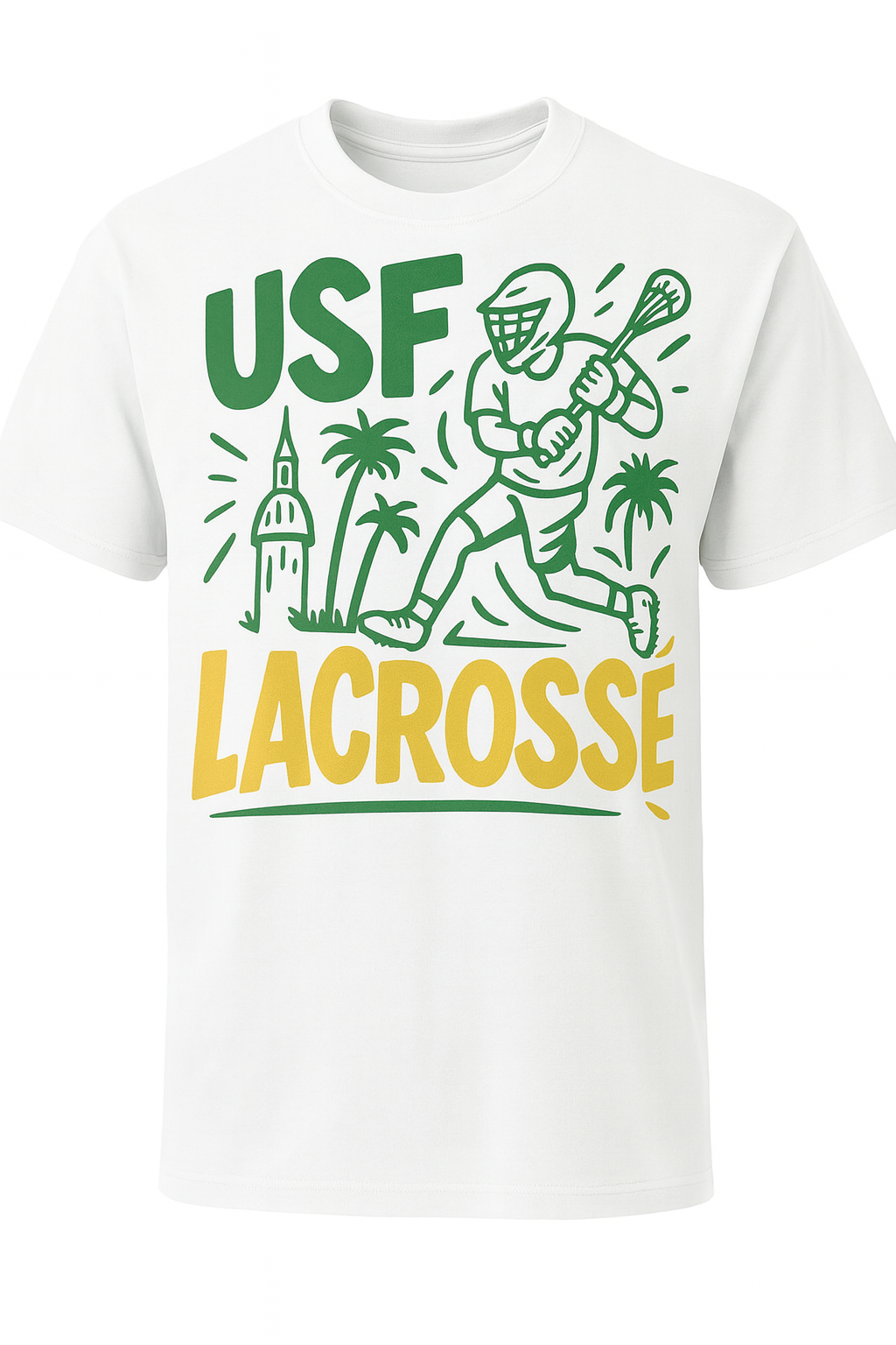 White t-shirt with green and yellow 'USF Lacrosse' design on a white background