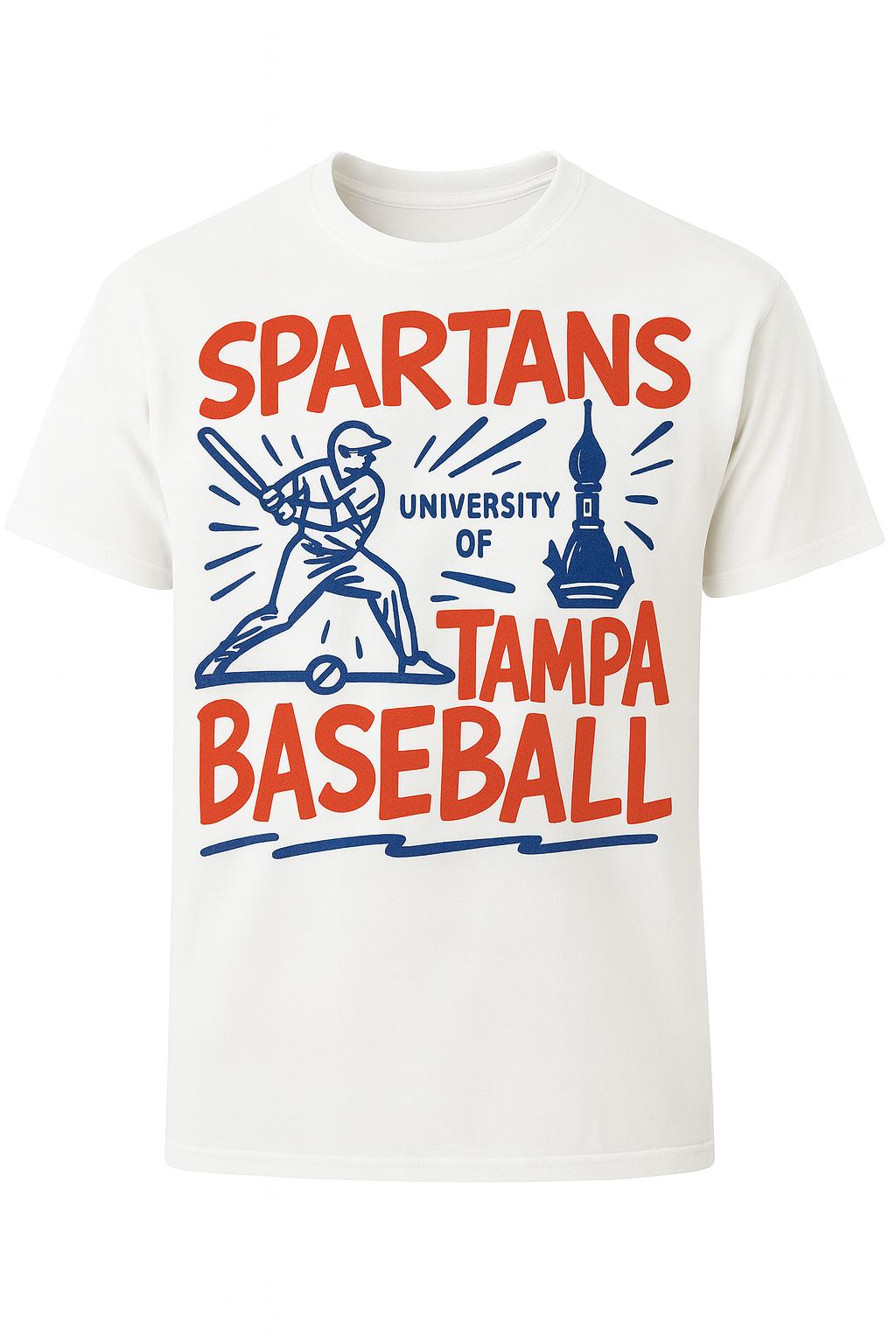 White t-shirt with 'Spartans University of Tampa Baseball' design on a white background