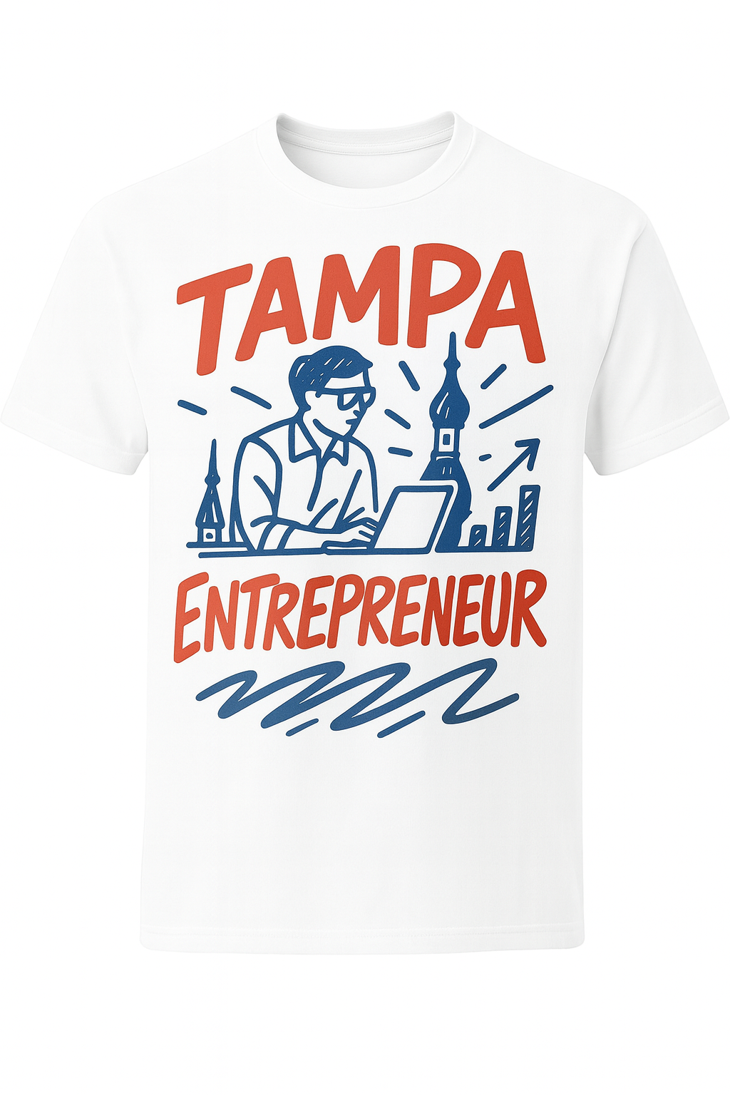 White t-shirt with 'Tampa Entrepreneur' graphic design on a white background