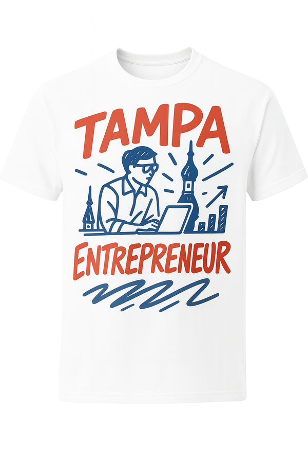 White t-shirt with 'Tampa Entrepreneur' graphic design on a white background