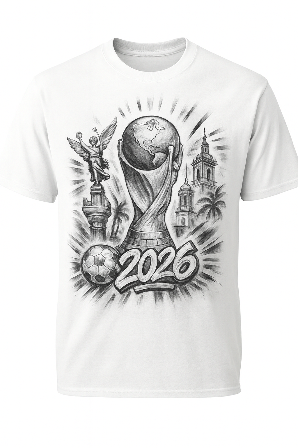White t-shirt with black graphic design featuring '2026' and architectural elements on a white background