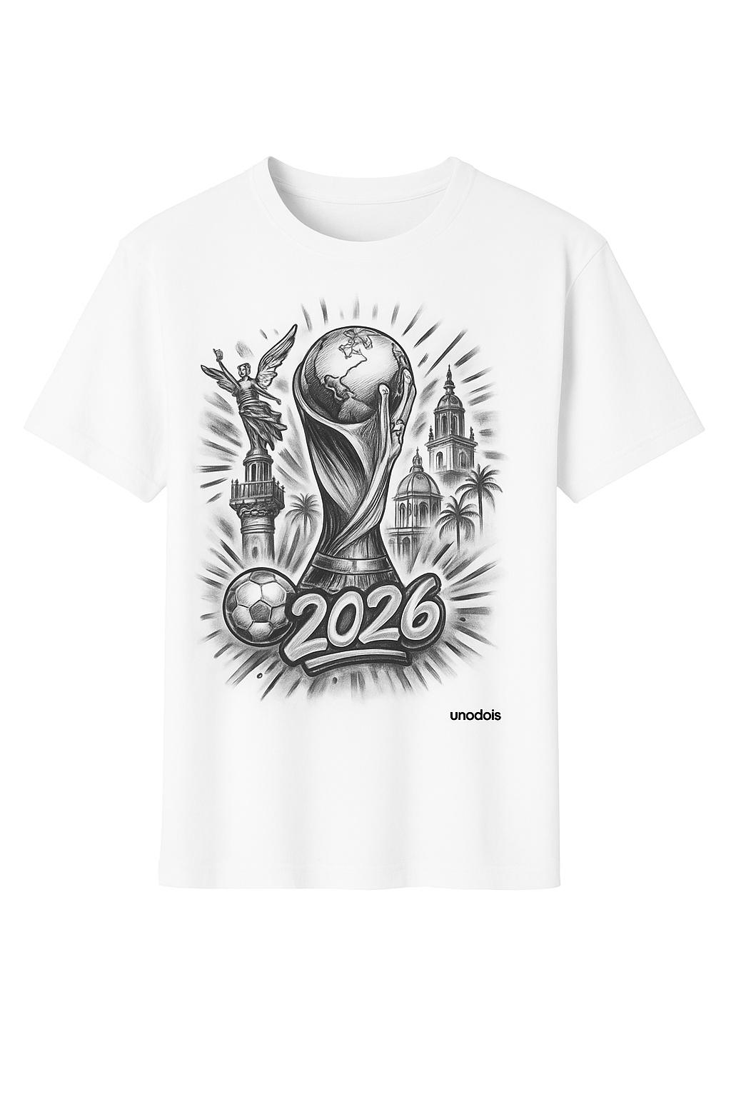 White t-shirt with a graphic design featuring a trophy, globe, and '2026' text on a white background.