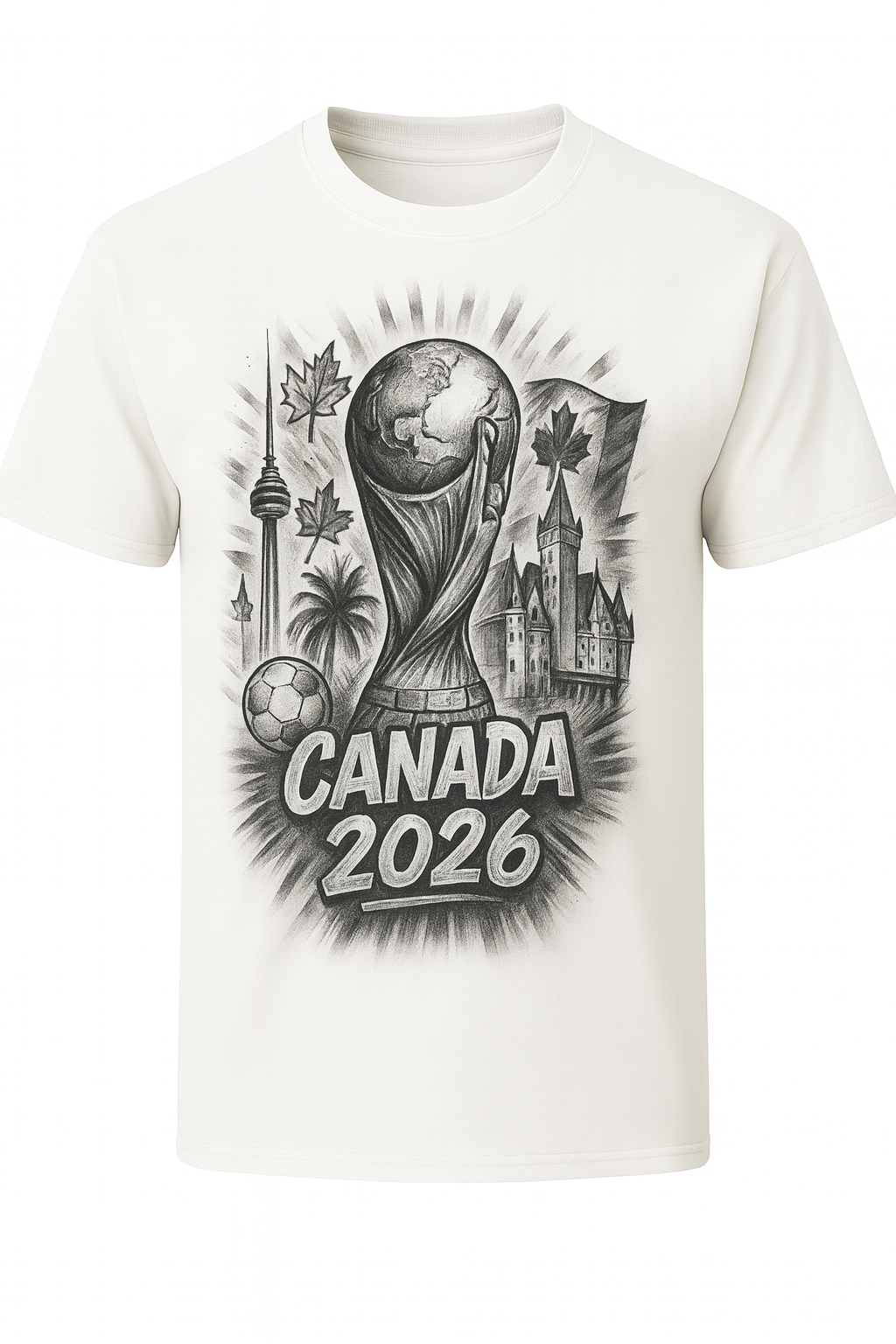 White t-shirt with black graphic design featuring a soccer ball, world map, and text 'Canada 2026' on a white background.