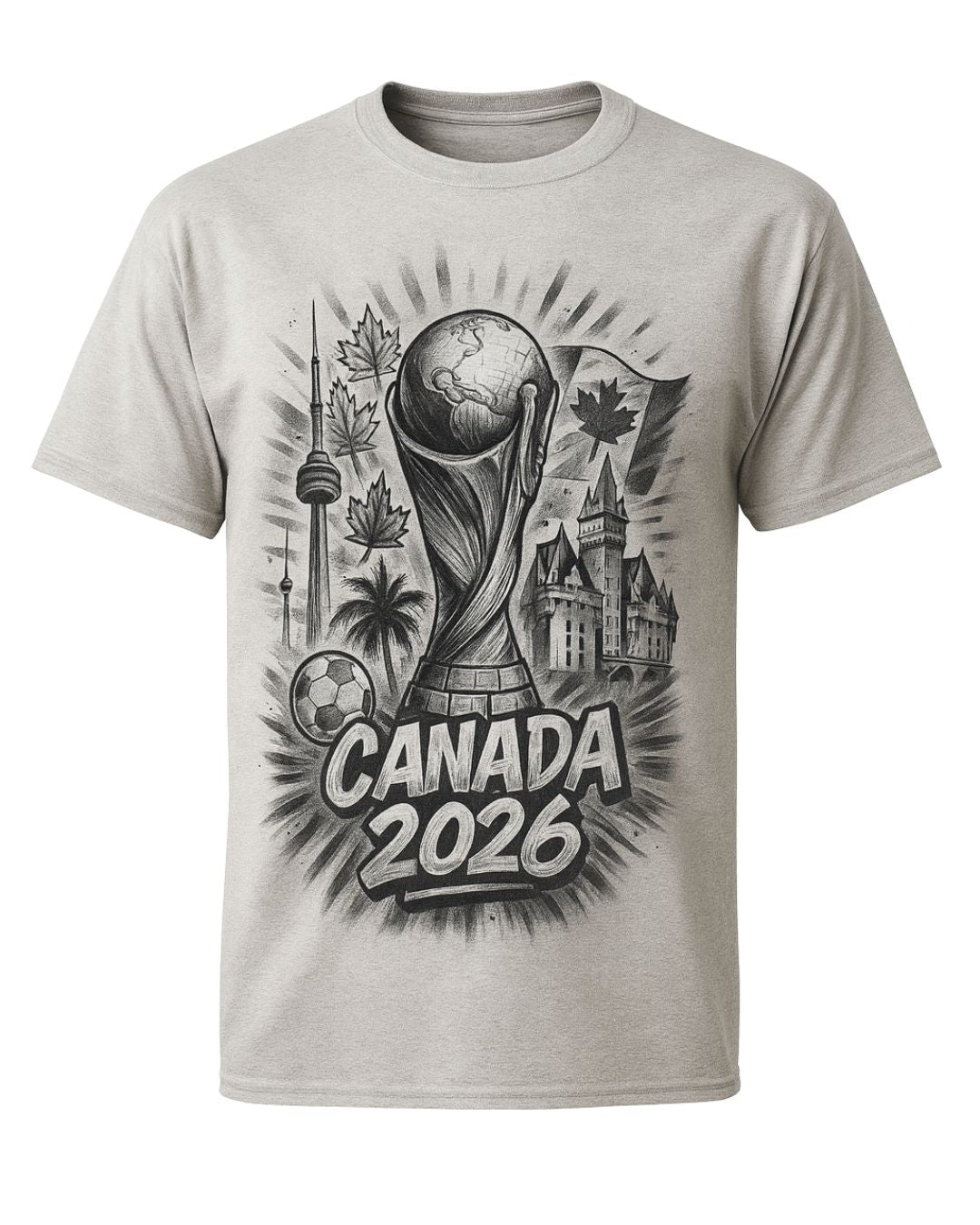 Gray t-shirt with World Cup 2026 Canada design featuring a trophy, soccer ball, and Canadian landmarks.