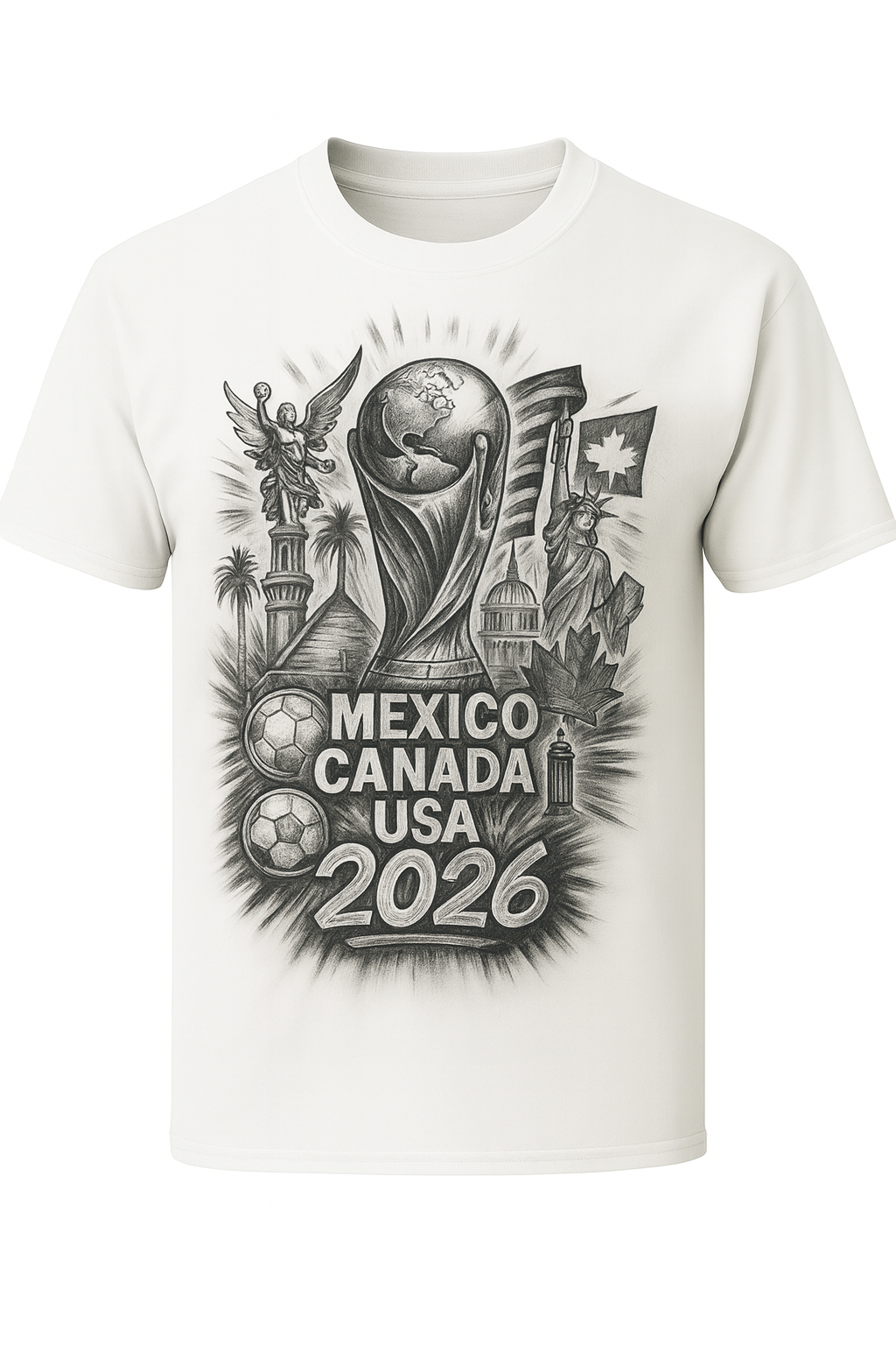 White t-shirt with a graphic design featuring Mexico, Canada, and USA text and year on a white background