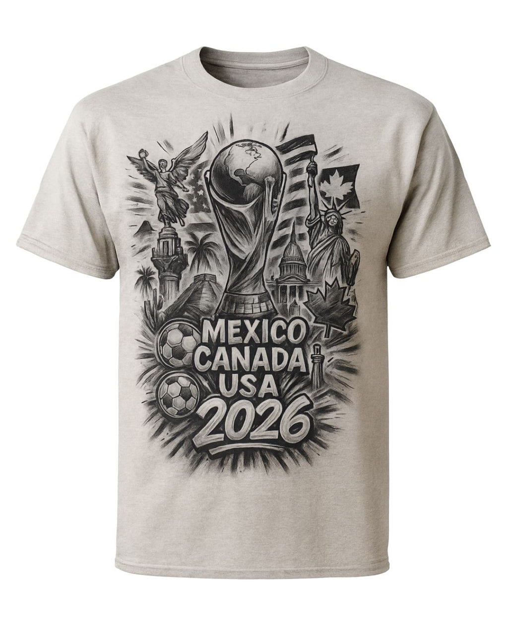 Gray t-shirt with World Cup 2026 graphic featuring Mexico, Canada, and USA on a white background