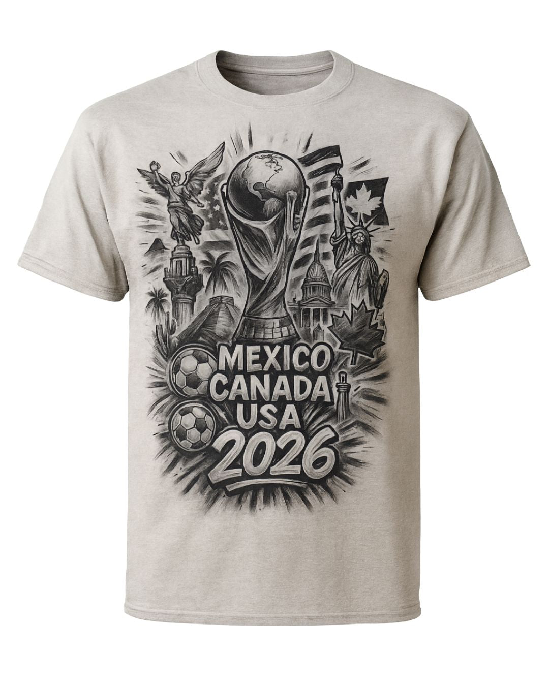 Gray t-shirt with World Cup 2026 graphic featuring Mexico, Canada, and USA on a white background