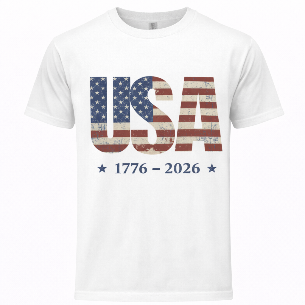 White t-shirt with 'USA 1776-2026' design featuring American flag pattern on a white background