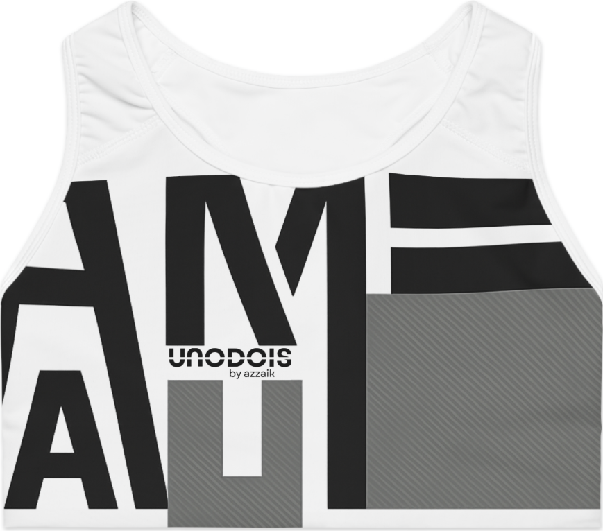 White tank top with black and gray geometric design and 'unodois by azzaik branding.