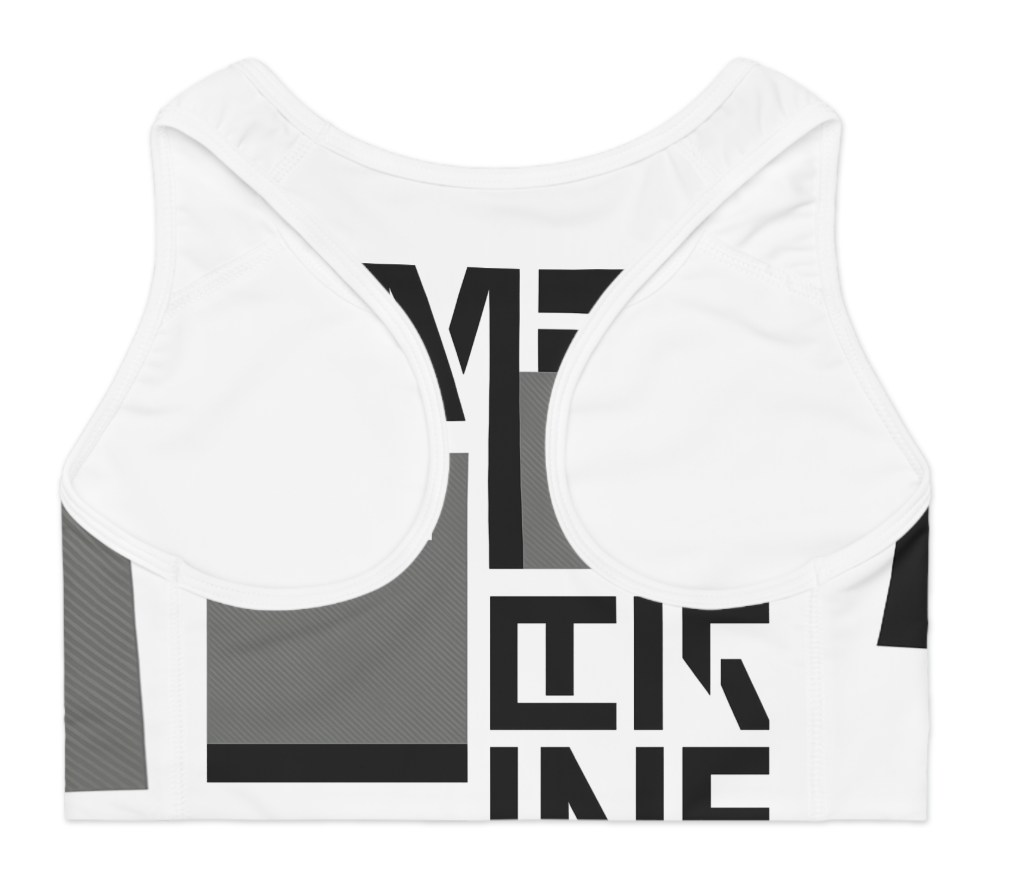 White sports bra with black geometric patterns on a white background
