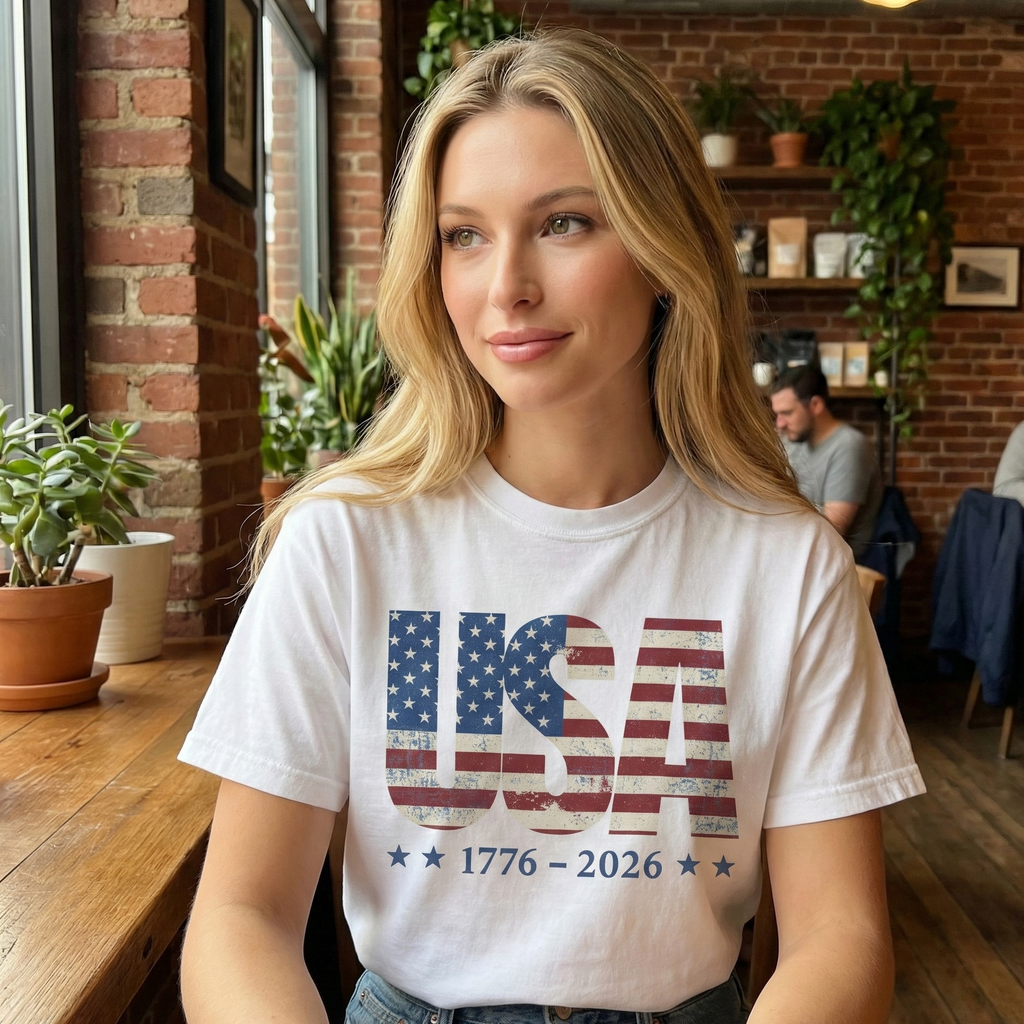 Woman wearing a white t-shirt with 'USA 1776-2026' design in a casual setting.