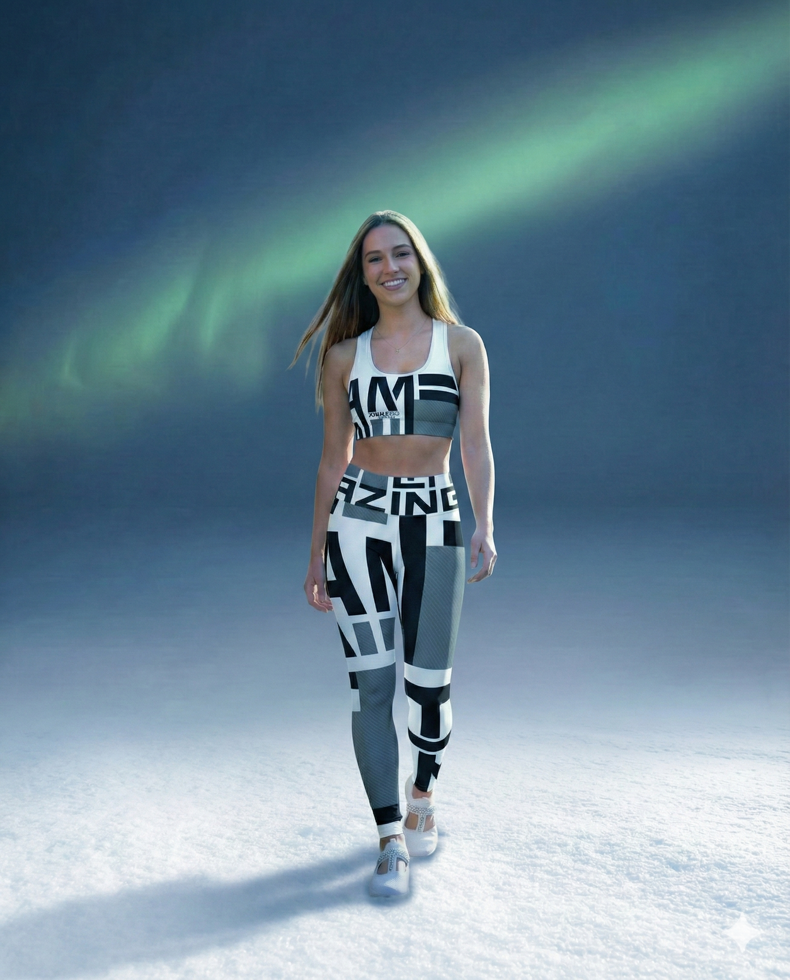 Woman in athletic wear standing on a snowy landscape with the Northern Lights in the background