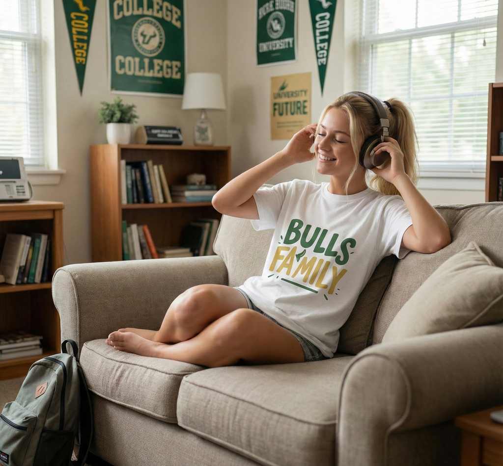 Woman sitting on a couch wearing headphones and a 'Bulls Family' t-shirt in a room with books and decor.